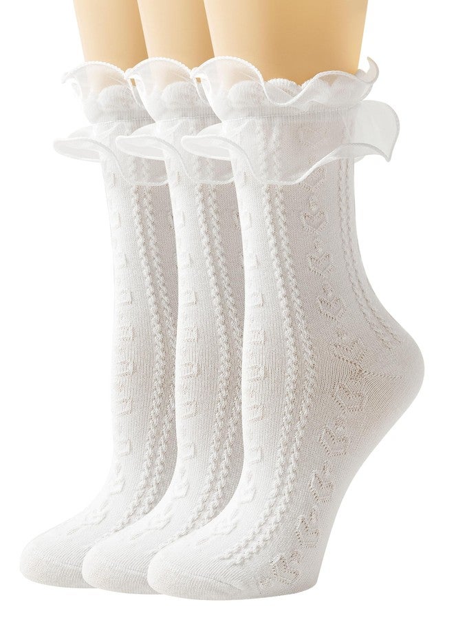 AMHRLINGTO Women Lace Socks Ruffle Frilly Socks - Comfortable Cotton Cute Socks Princess Lolita for Ladies Gril (US, Numeric, 5, 8, Regular, Regular, White - 3 pairs) - Image 1